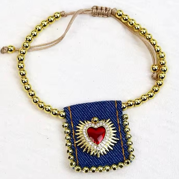 “Bursting Sacred Heart” of Jesus Immaculate Mary Catholic Ruby Red Jean Bracelet - Picture 2 of 16